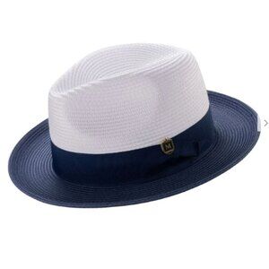 Montique Navy Two-tone Pinch Fedora With Matching Grosgrain Ribbon- Wide Brim H4